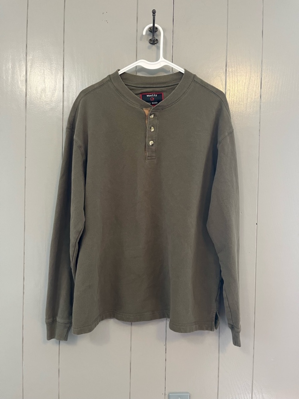 Woolly Dry Goods Cotton Knit Men M Olive Henley Pullover Sweater Cozy